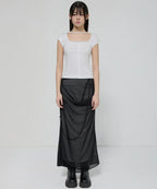 【Flare up】Draped Mesh Layered Long Skirt [Black / Gray]