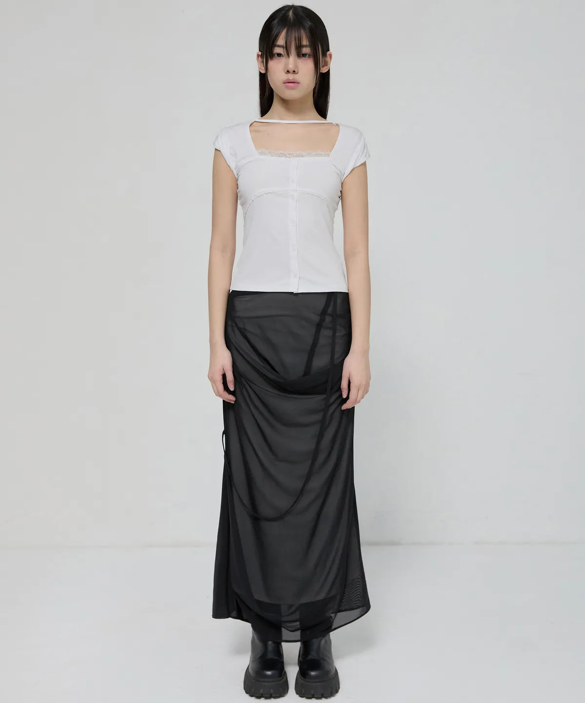 【Flare up】Draped Mesh Layered Long Skirt [Black / Gray]