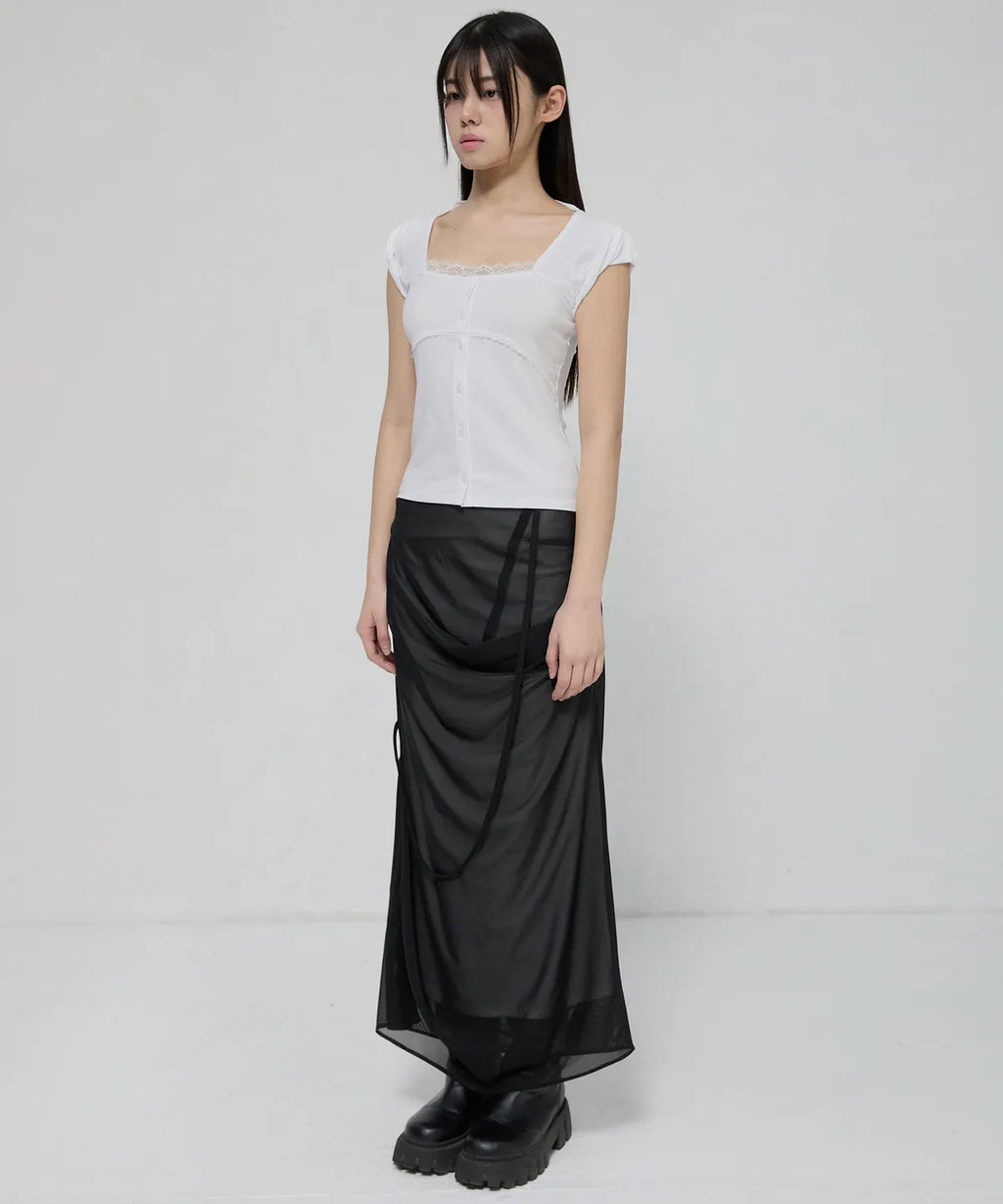 【Flare up】Draped Mesh Layered Long Skirt [Black / Gray]