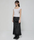 【Flare up】Draped Mesh Layered Long Skirt [Black / Gray]