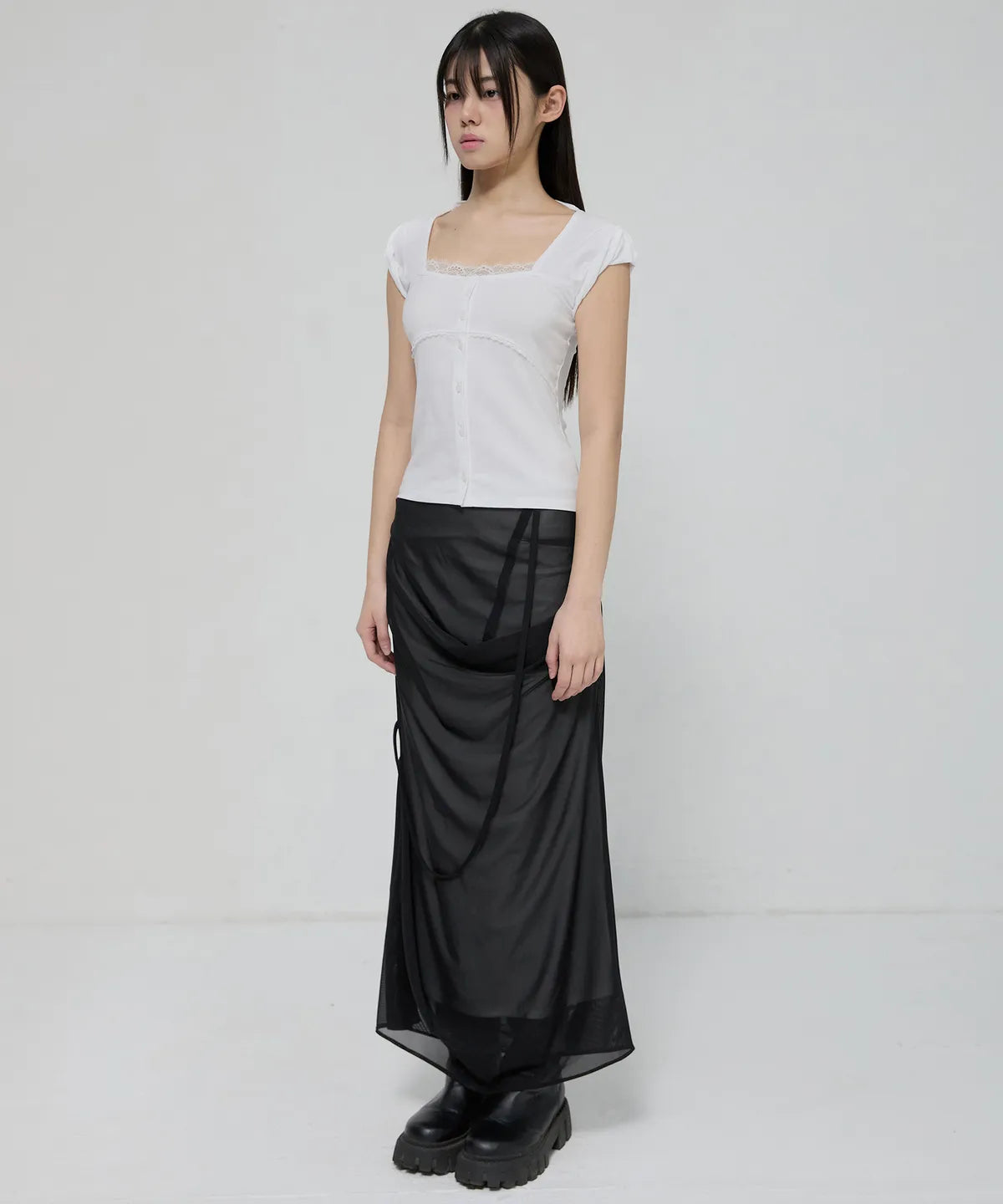 【Flare up】Draped Mesh Layered Long Skirt [Black / Gray]