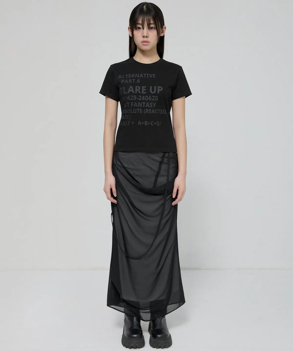 【Flare up】Draped Mesh Layered Long Skirt [Black / Gray]