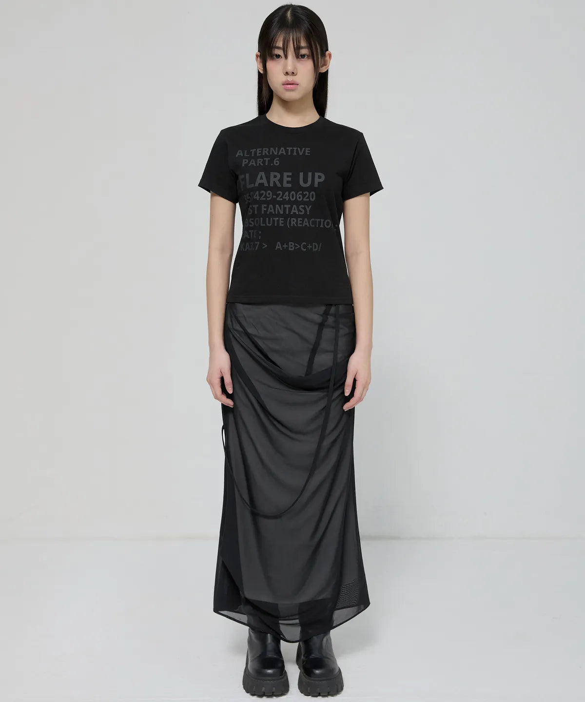【Flare up】Draped Mesh Layered Long Skirt [Black / Gray]
