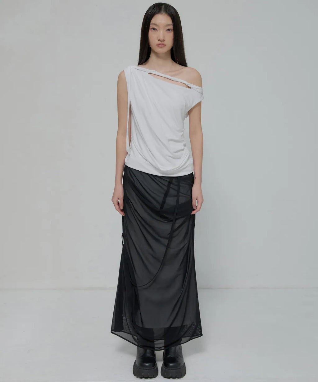 【Flare up】Draped Mesh Layered Long Skirt [Black / Gray]