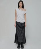 【Flare up】Draped Mesh Layered Long Skirt [Black / Gray]