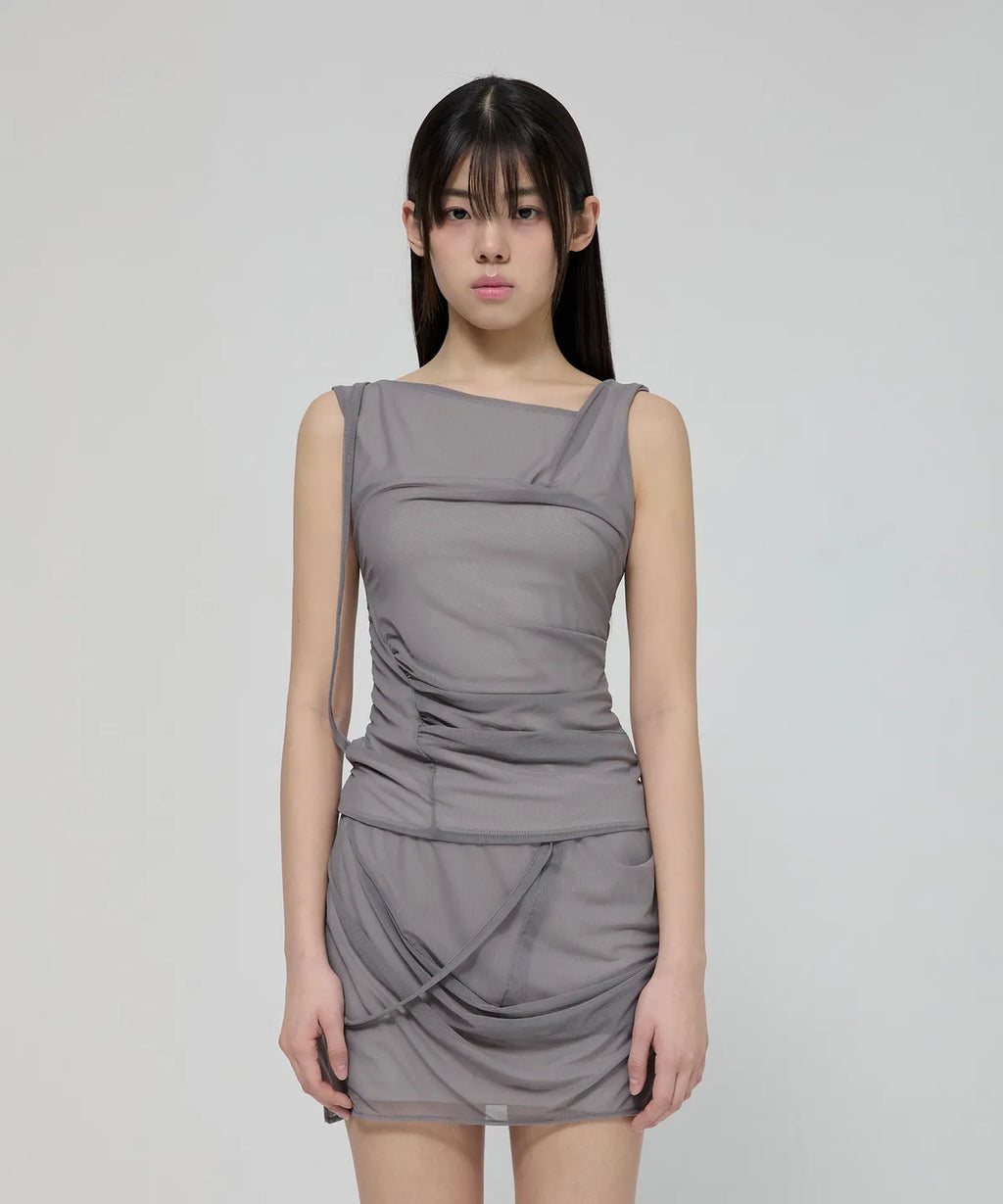 【Flare up】Draped Mesh Layered Mini Skirt [Black / Gray]