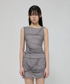 【Flare up】Draped Mesh Layered Mini Skirt [Black / Gray]
