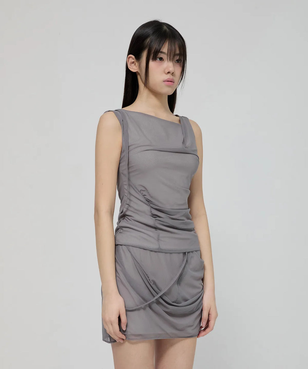 【Flare up】Draped Mesh Layered Mini Skirt [Black / Gray]
