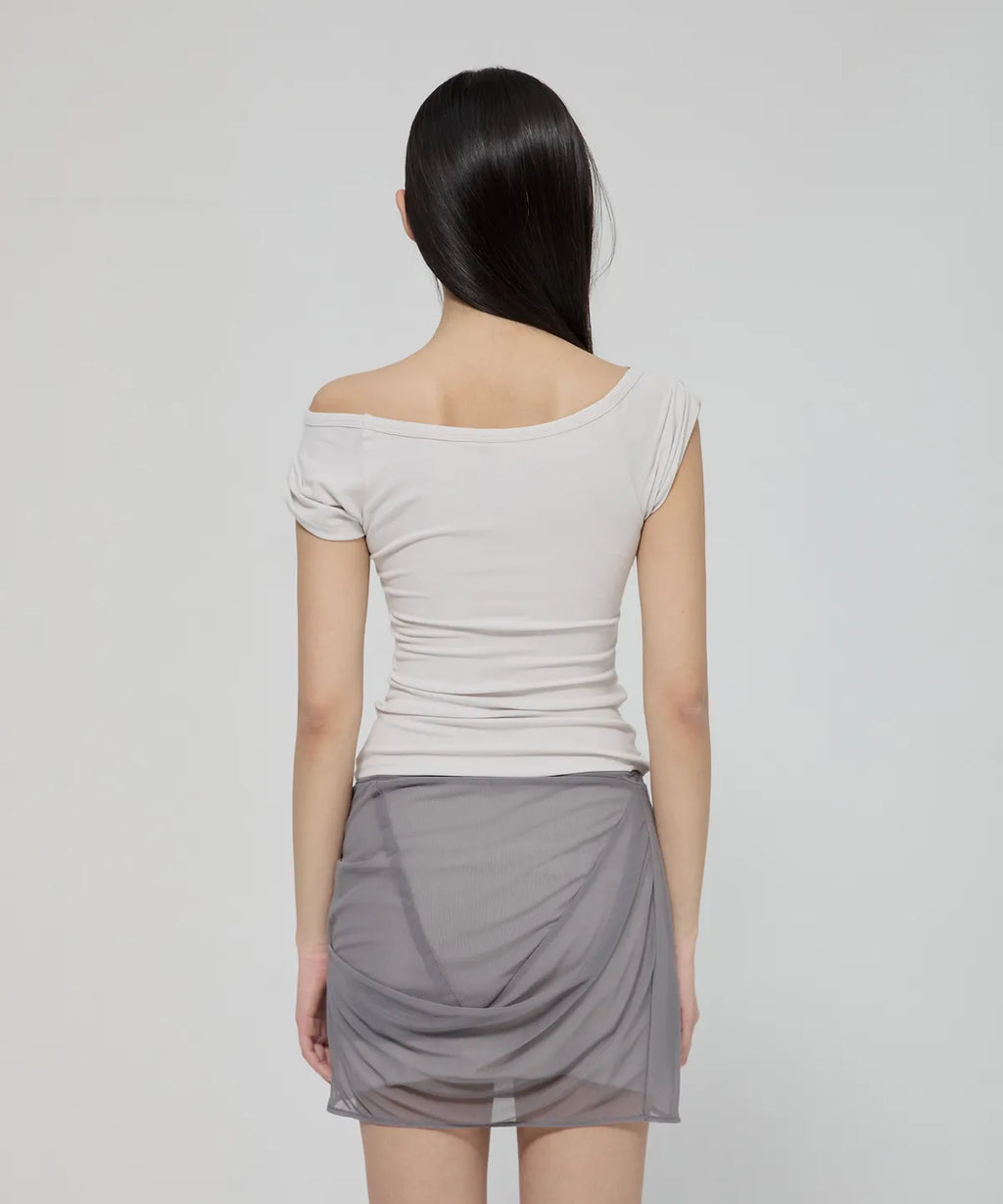 【Flare up】Draped Mesh Layered Mini Skirt [Black / Gray]