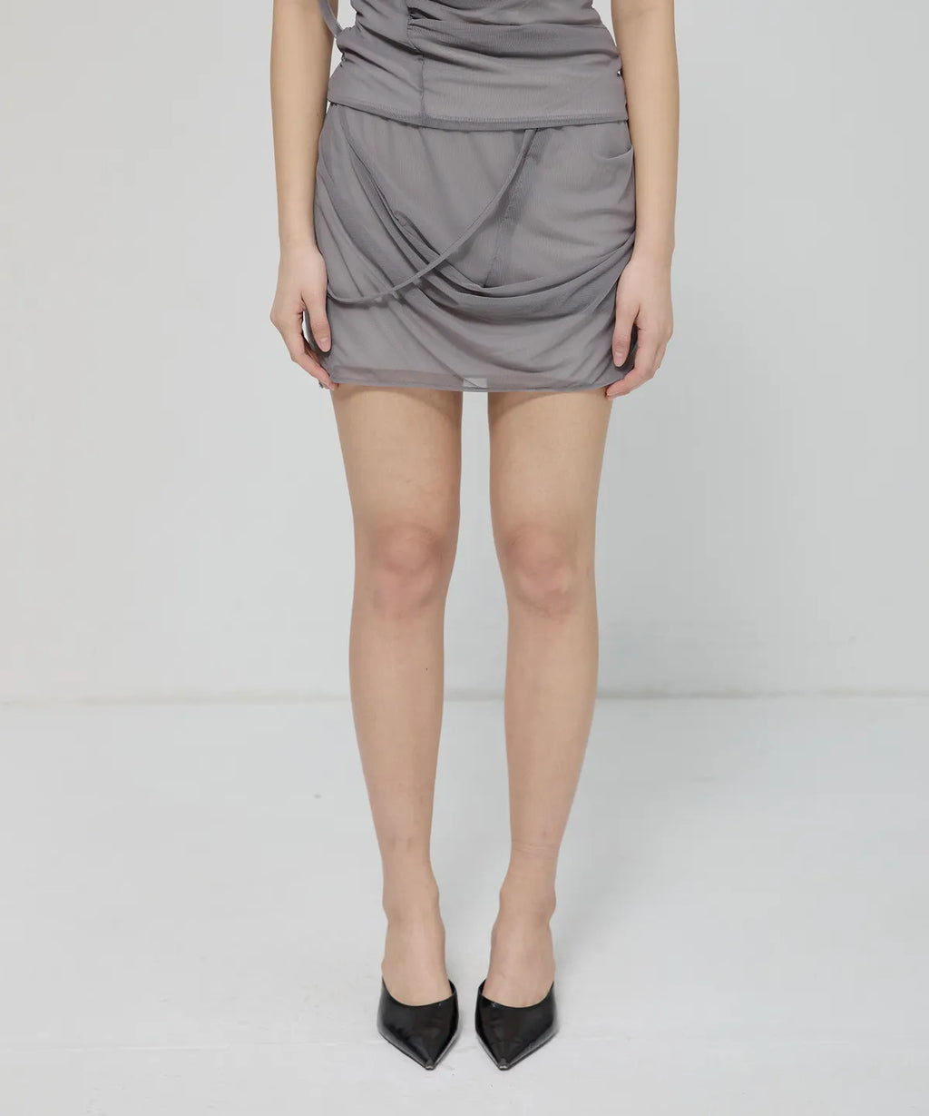 【Flare up】Draped Mesh Layered Mini Skirt [Black / Gray]