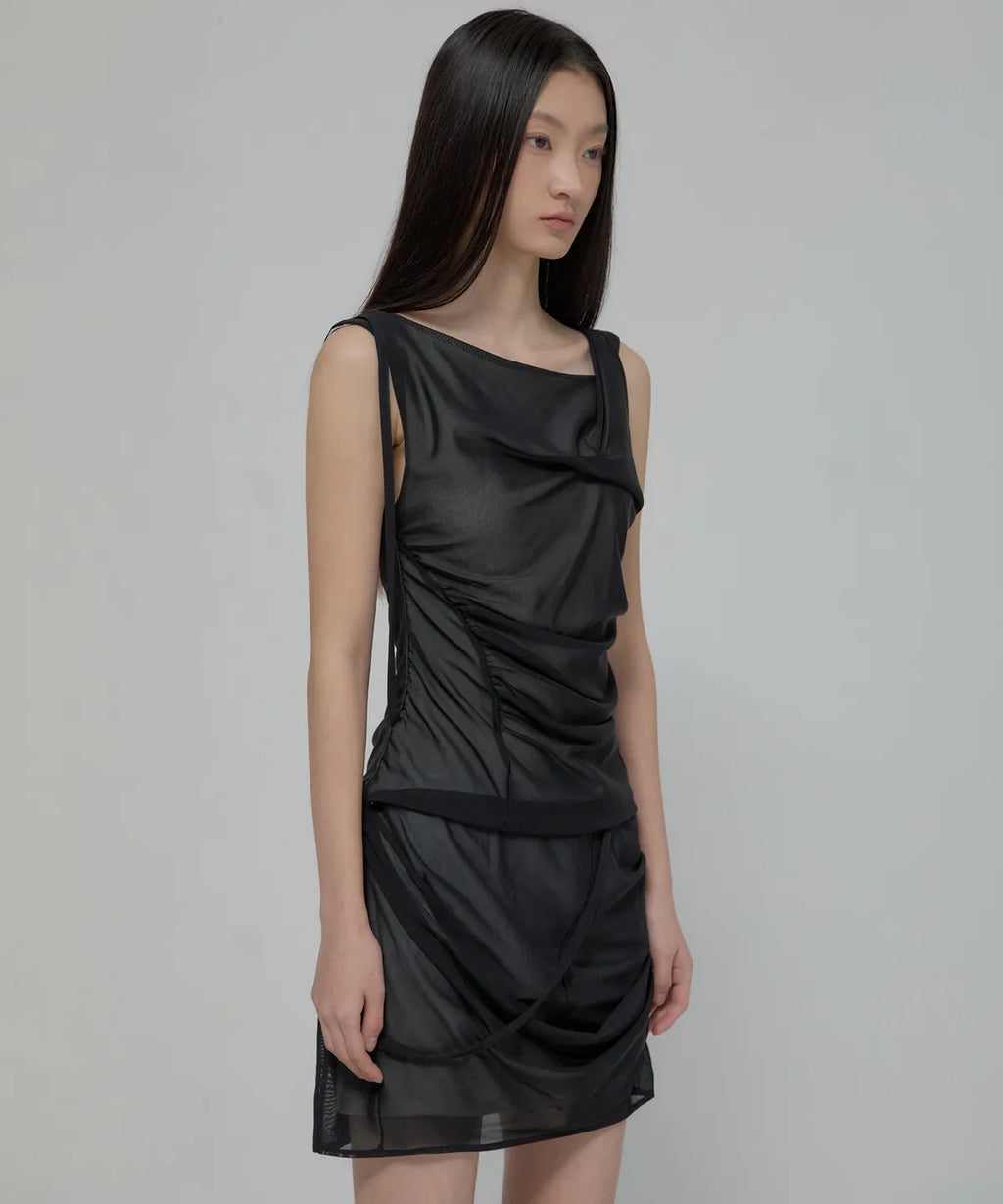 【Flare up】Draped Mesh Layered Mini Skirt [Black / Gray]