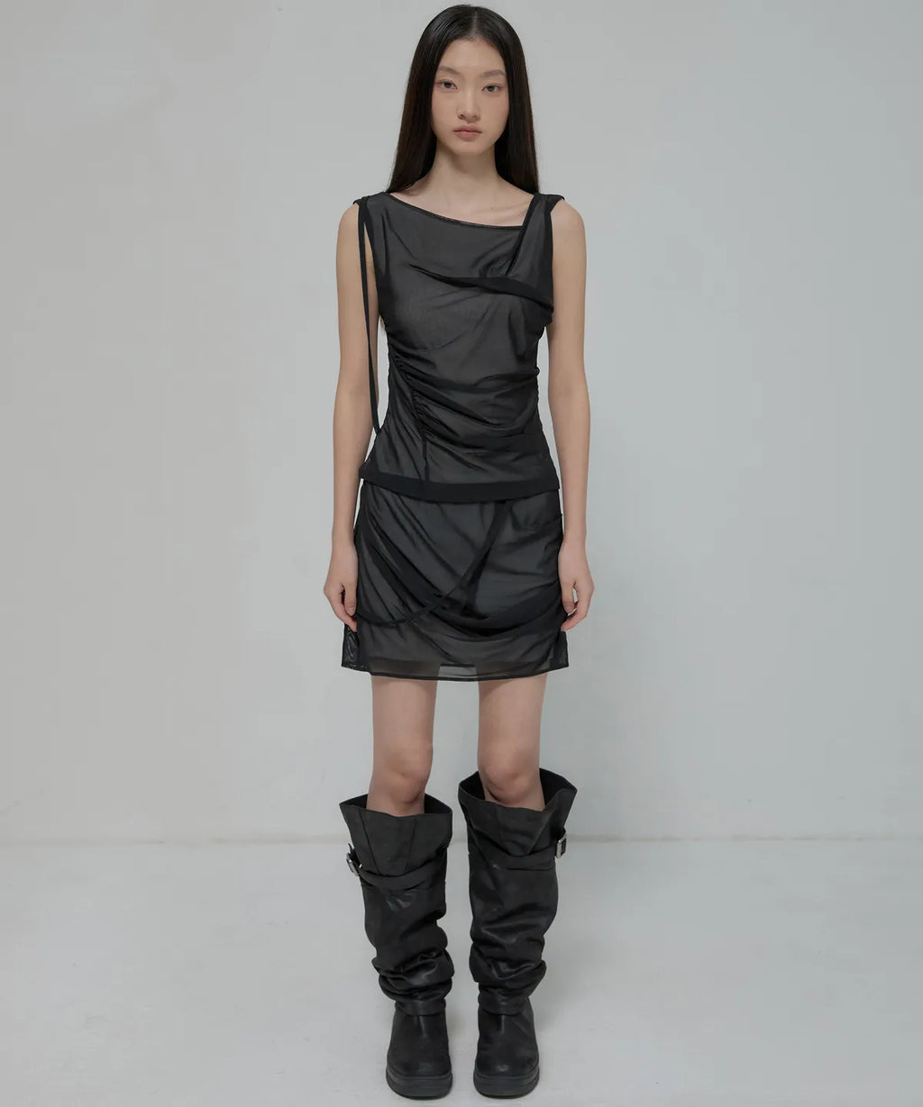 【Flare up】Draped Mesh Layered Mini Skirt [Black / Gray]
