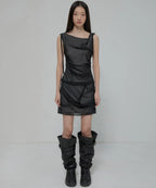 【Flare up】Draped Mesh Layered Mini Skirt [Black / Gray]