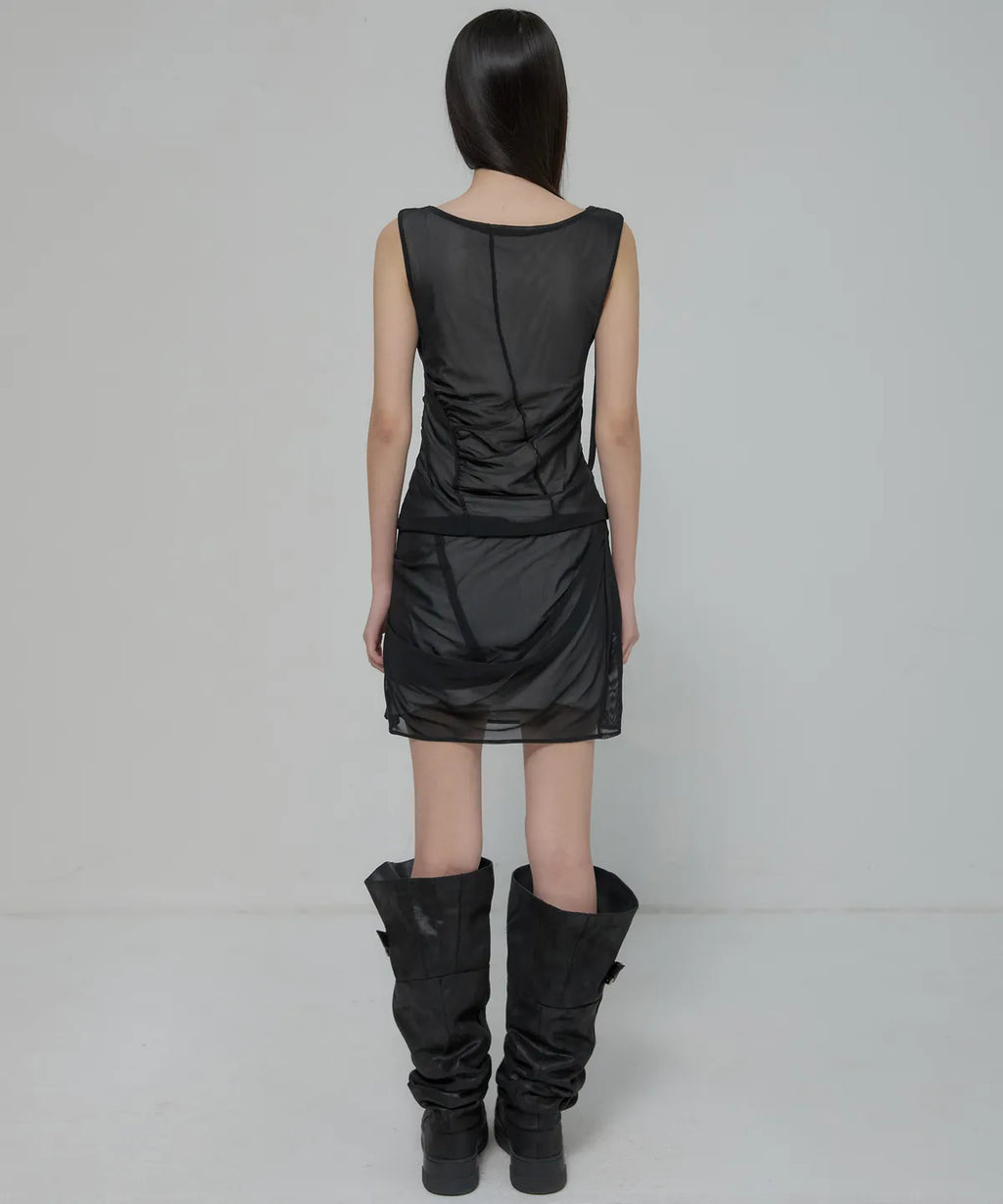 【Flare up】Draped Mesh Layered Mini Skirt [Black / Gray]