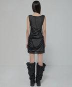 【Flare up】Draped Mesh Layered Mini Skirt [Black / Gray]