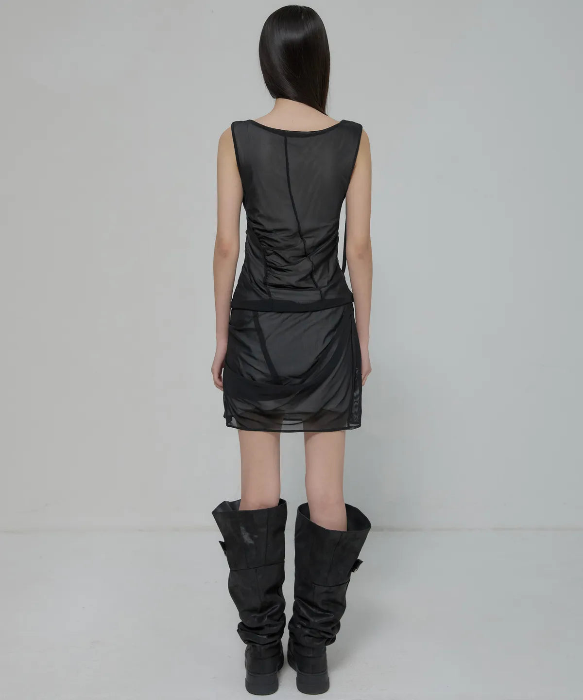 【Flare up】Draped Mesh Layered Mini Skirt [Black / Gray]