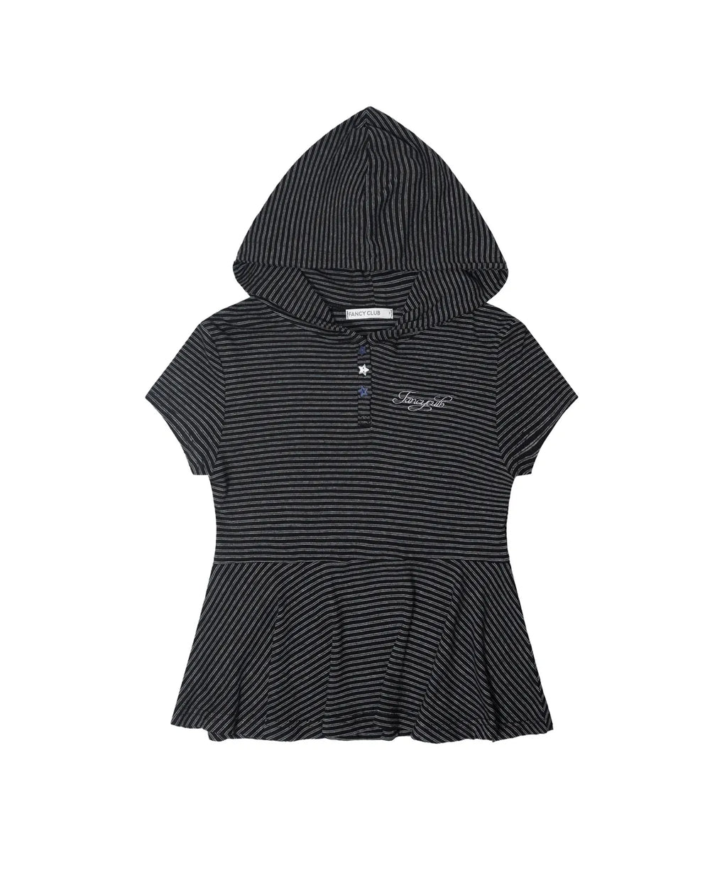 【Fancy Club】STRIPE HOOD FLARE TOP [Black / Gray]