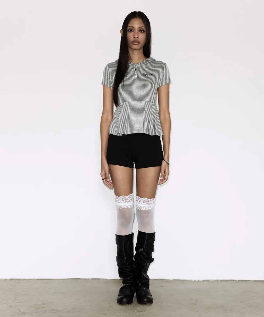 【Fancy Club】STRIPE HOOD FLARE TOP [Black / Gray]
