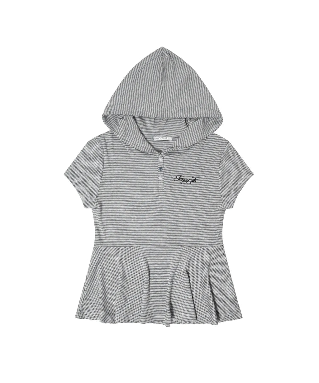 【Fancy Club】STRIPE HOOD FLARE TOP [Black / Gray]