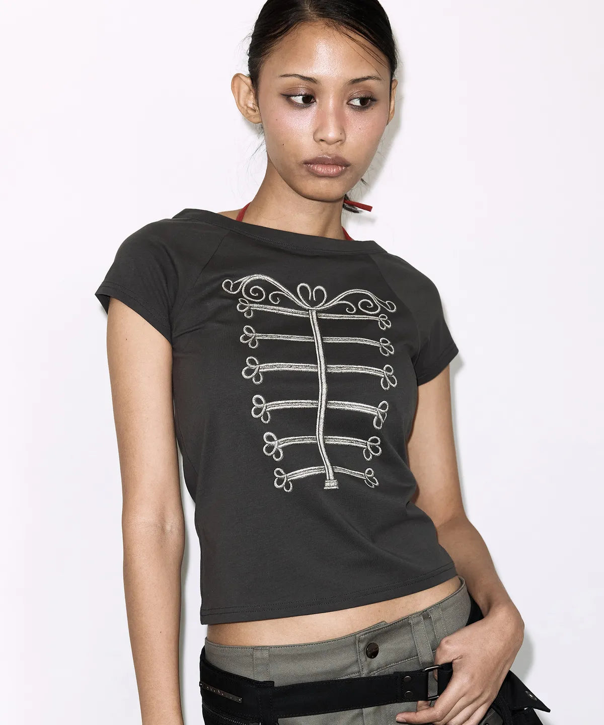 【Fancy Club】IMPERIAL BOATNECK TOP [White melange / Charcoal]