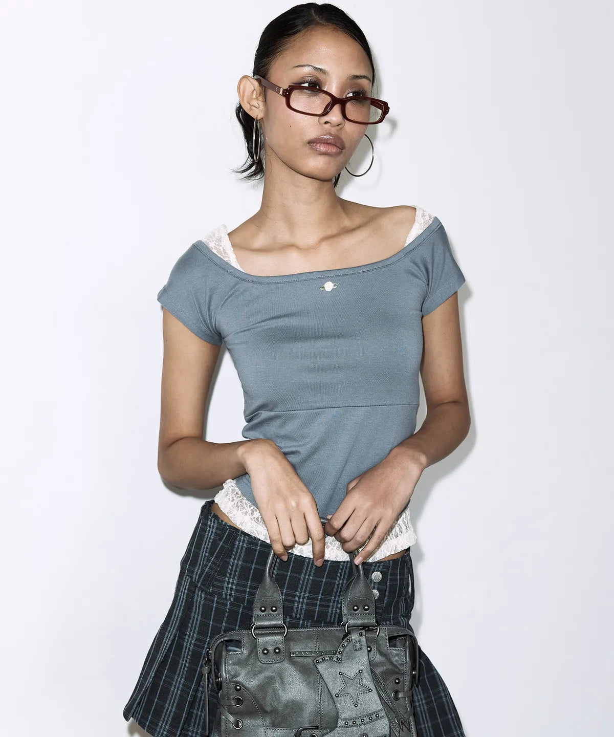 【Fancy Club】LACE SQUARE NECK TOP [Baby blue / Black]