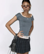 【Fancy Club】LACE SQUARE NECK TOP [Baby blue / Black]
