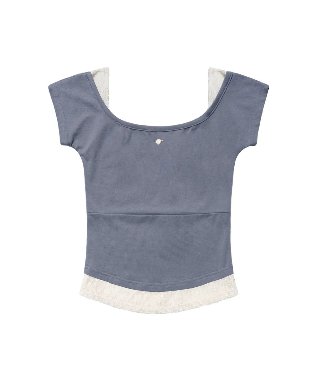 【Fancy Club】LACE SQUARE NECK TOP [Baby blue / Black]