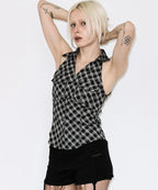 【Fancy Club】POCKET CHECK HALTERNECK TOP [Beige / Black]