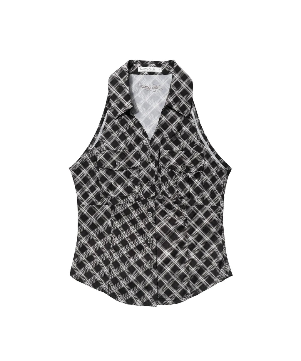 【Fancy Club】POCKET CHECK HALTERNECK TOP [Beige / Black]