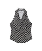 【Fancy Club】POCKET CHECK HALTERNECK TOP [Beige / Black]