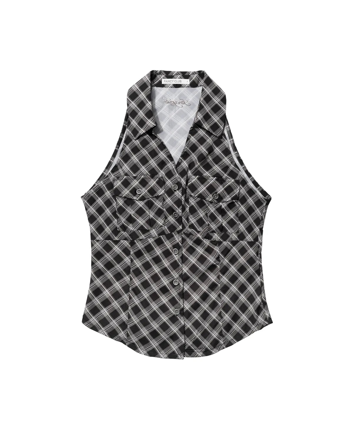 【Fancy Club】POCKET CHECK HALTERNECK TOP [Beige / Black]