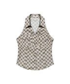 【Fancy Club】POCKET CHECK HALTERNECK TOP [Beige / Black]