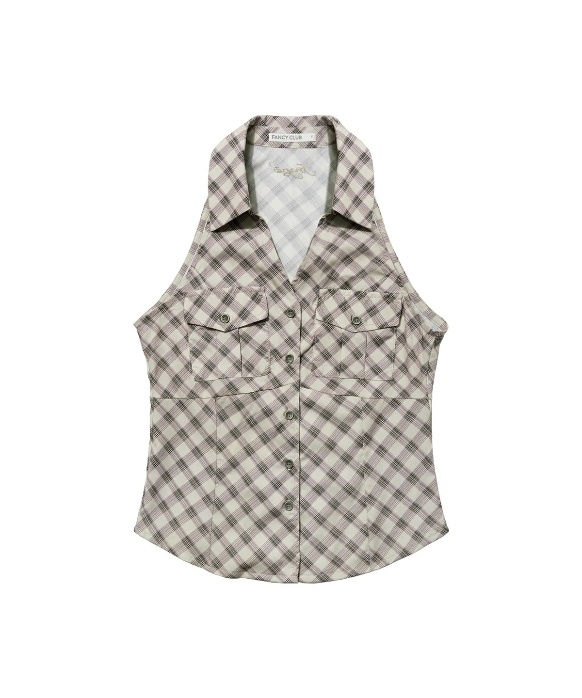 【Fancy Club】POCKET CHECK HALTERNECK TOP [Beige / Black]