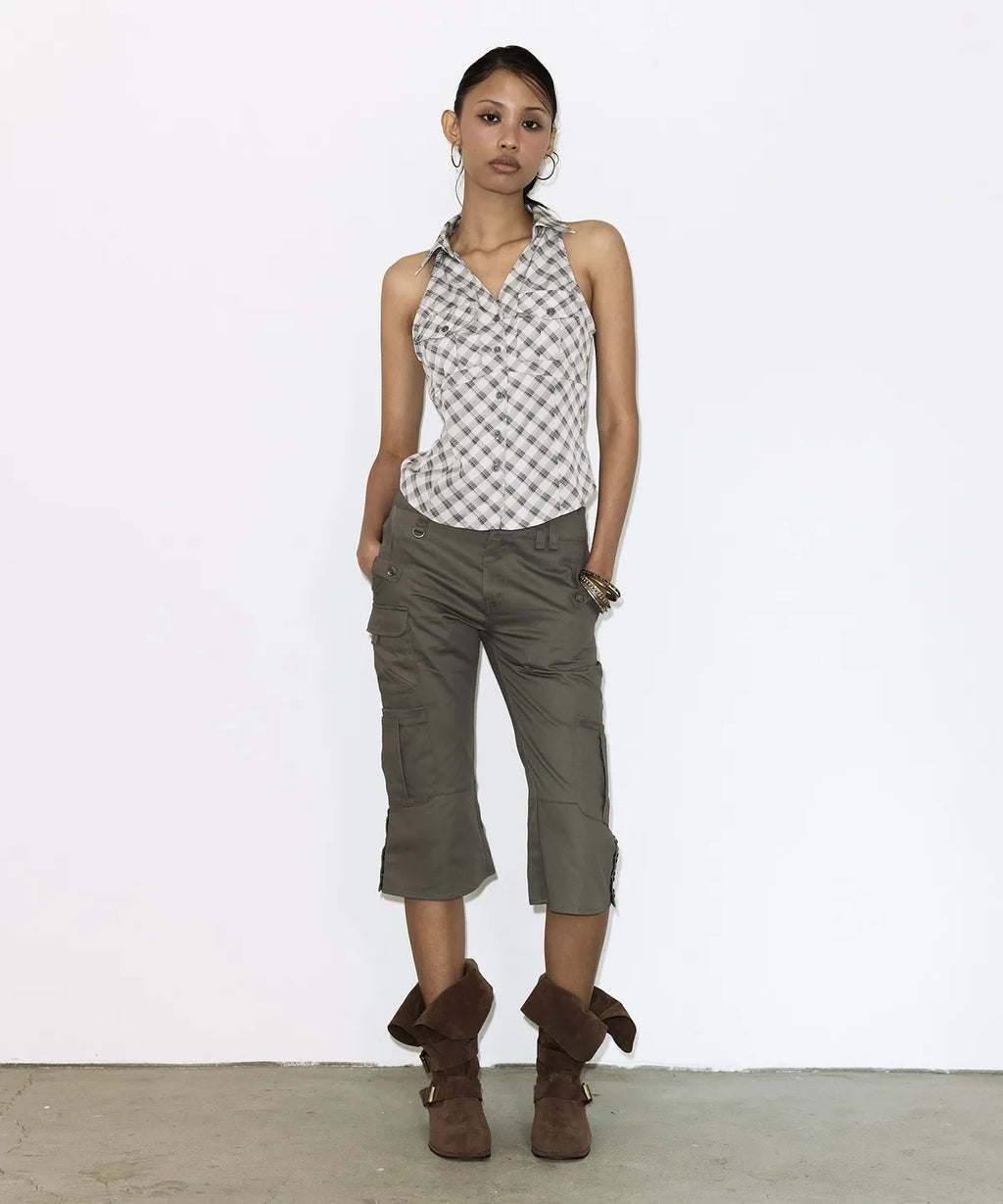 【Fancy Club】POCKET CHECK HALTERNECK TOP [Beige / Black]