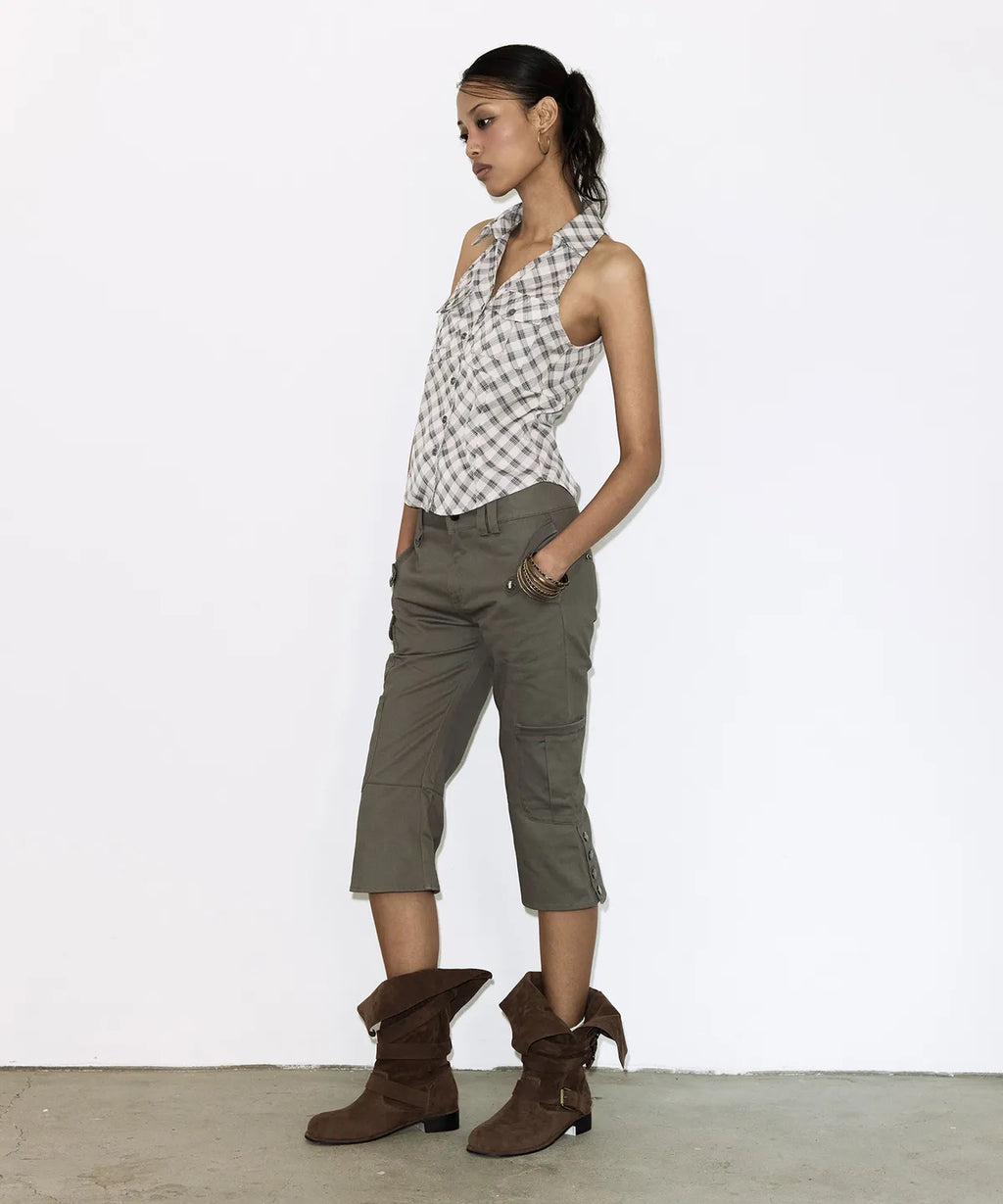 【Fancy Club】POCKET CHECK HALTERNECK TOP [Beige / Black]