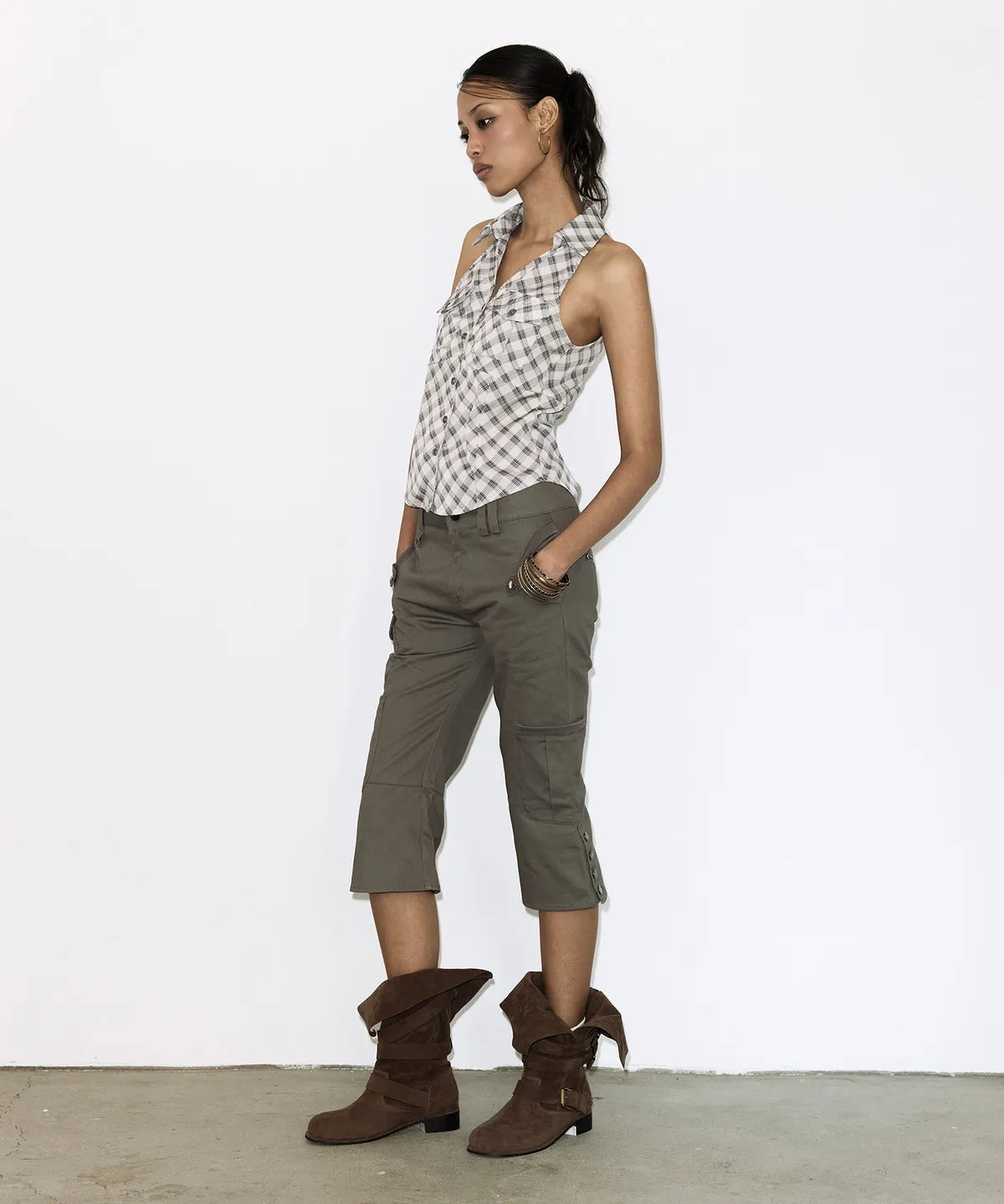 【Fancy Club】POCKET CHECK HALTERNECK TOP [Beige / Black]