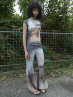 【kijun】Print Cap Sleeve Top [Blue / Charcoal]