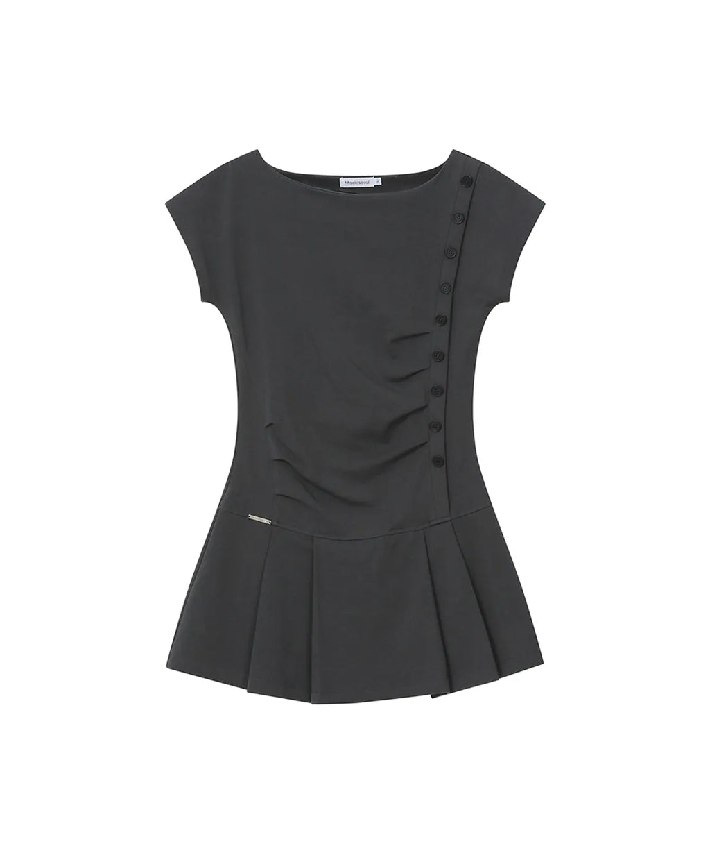 【Miseki seoul】Pleats button mini onepiece - BLACK / CHARCOAL
