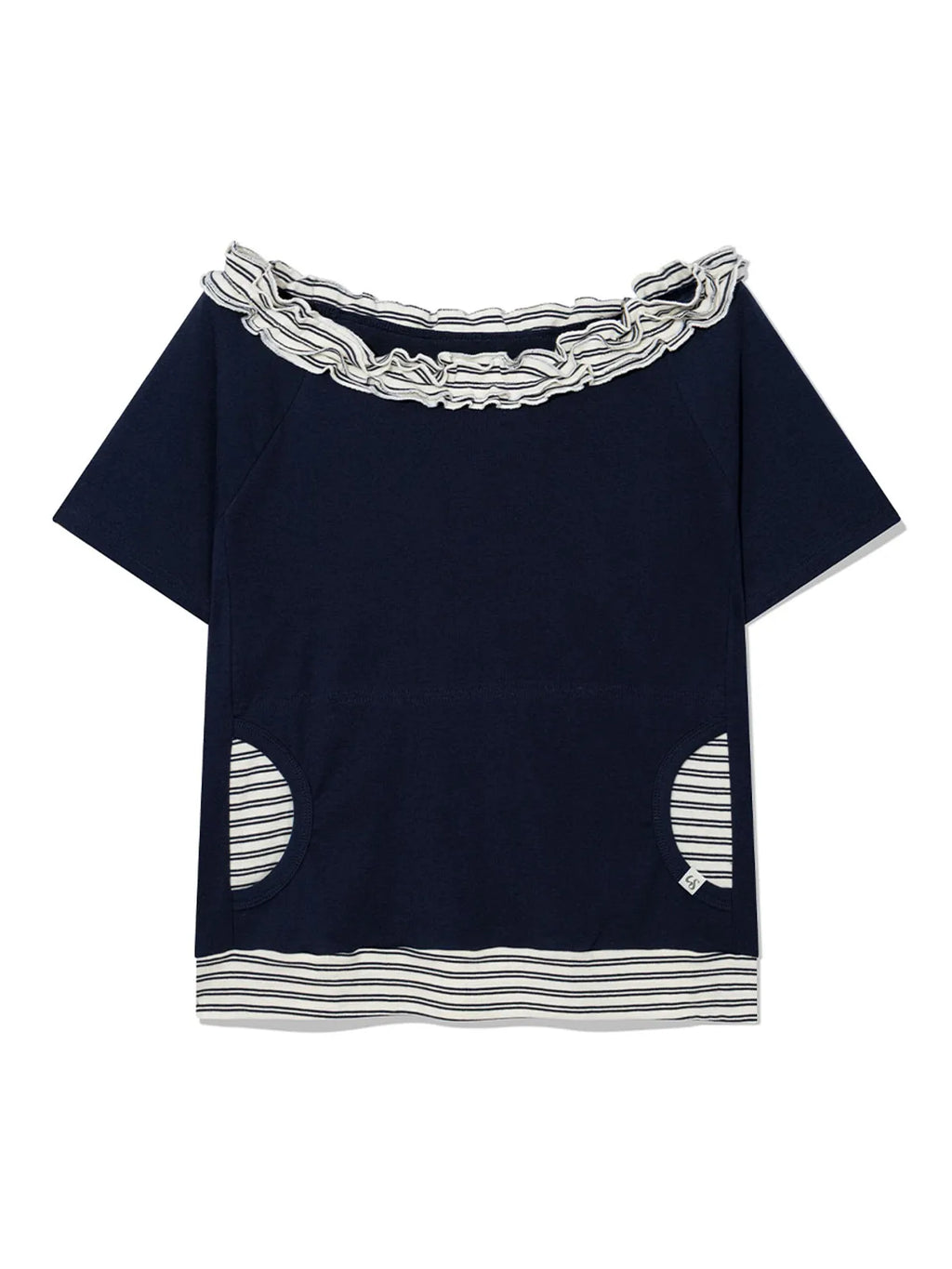 【Uglyshadow】 STRIPE FRILL OFF-SHOULDER [ GREY / NAVY ]