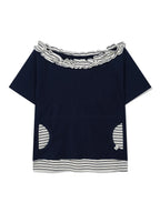 【Uglyshadow】 STRIPE FRILL OFF-SHOULDER [ GREY / NAVY ]