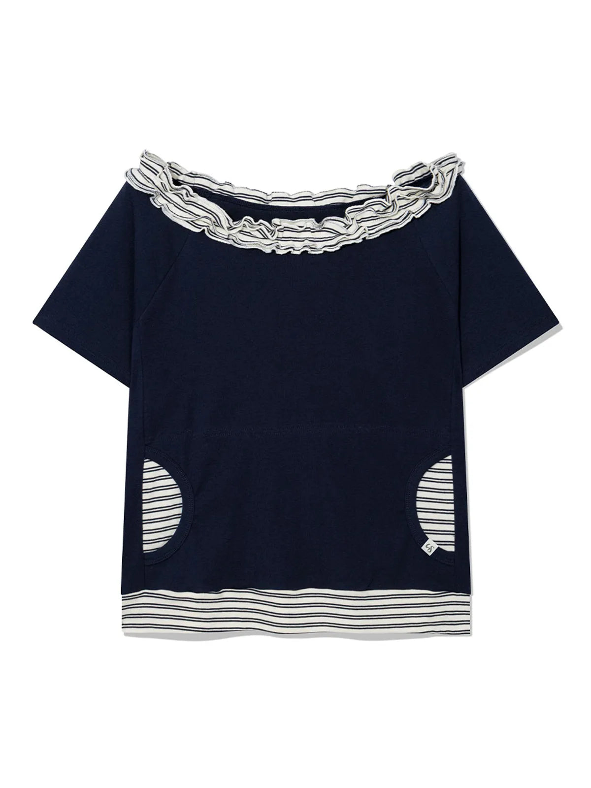 【Uglyshadow】 STRIPE FRILL OFF-SHOULDER [ GREY / NAVY ]