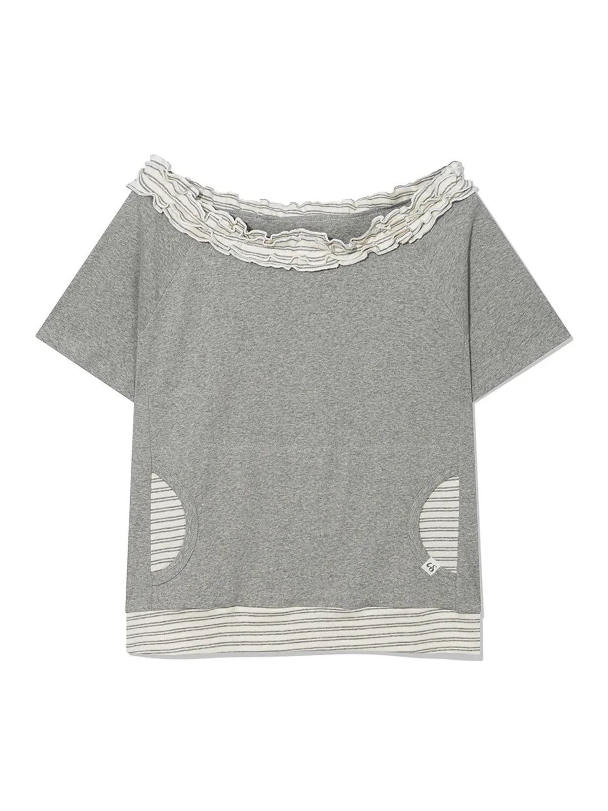 【Uglyshadow】 STRIPE FRILL OFF-SHOULDER [ GREY / NAVY ]