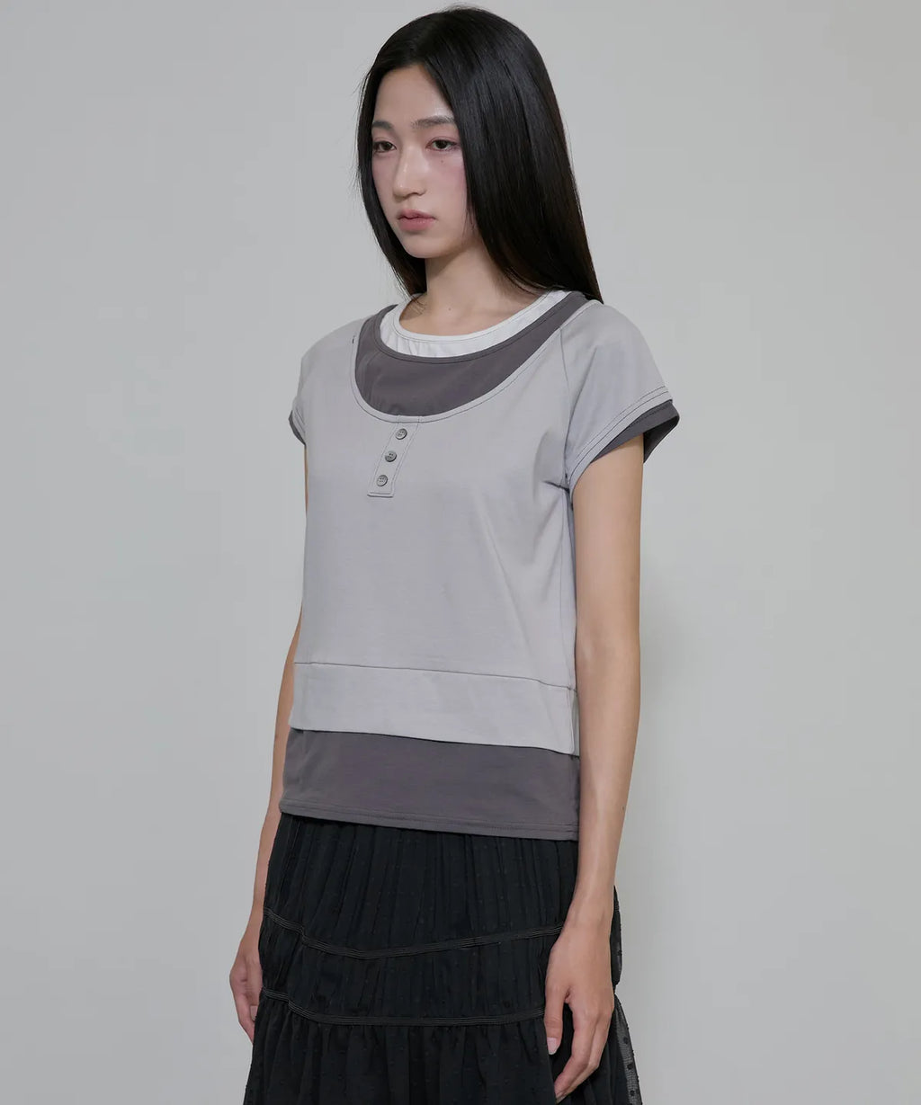 【Flare up】3-Layered Henley T-shirt [Black / Gray]