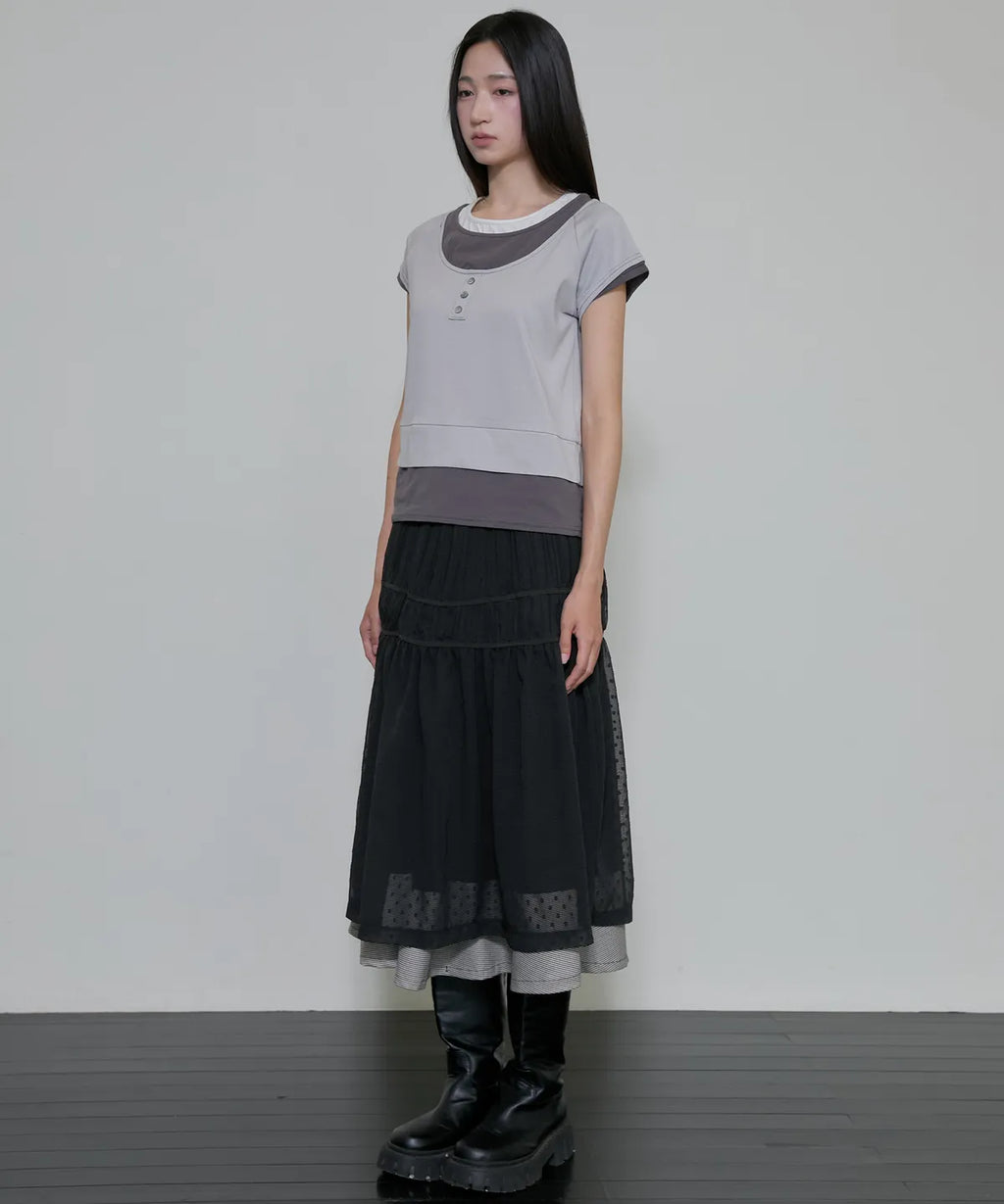 【Flare up】3-Layered Henley T-shirt [Black / Gray]