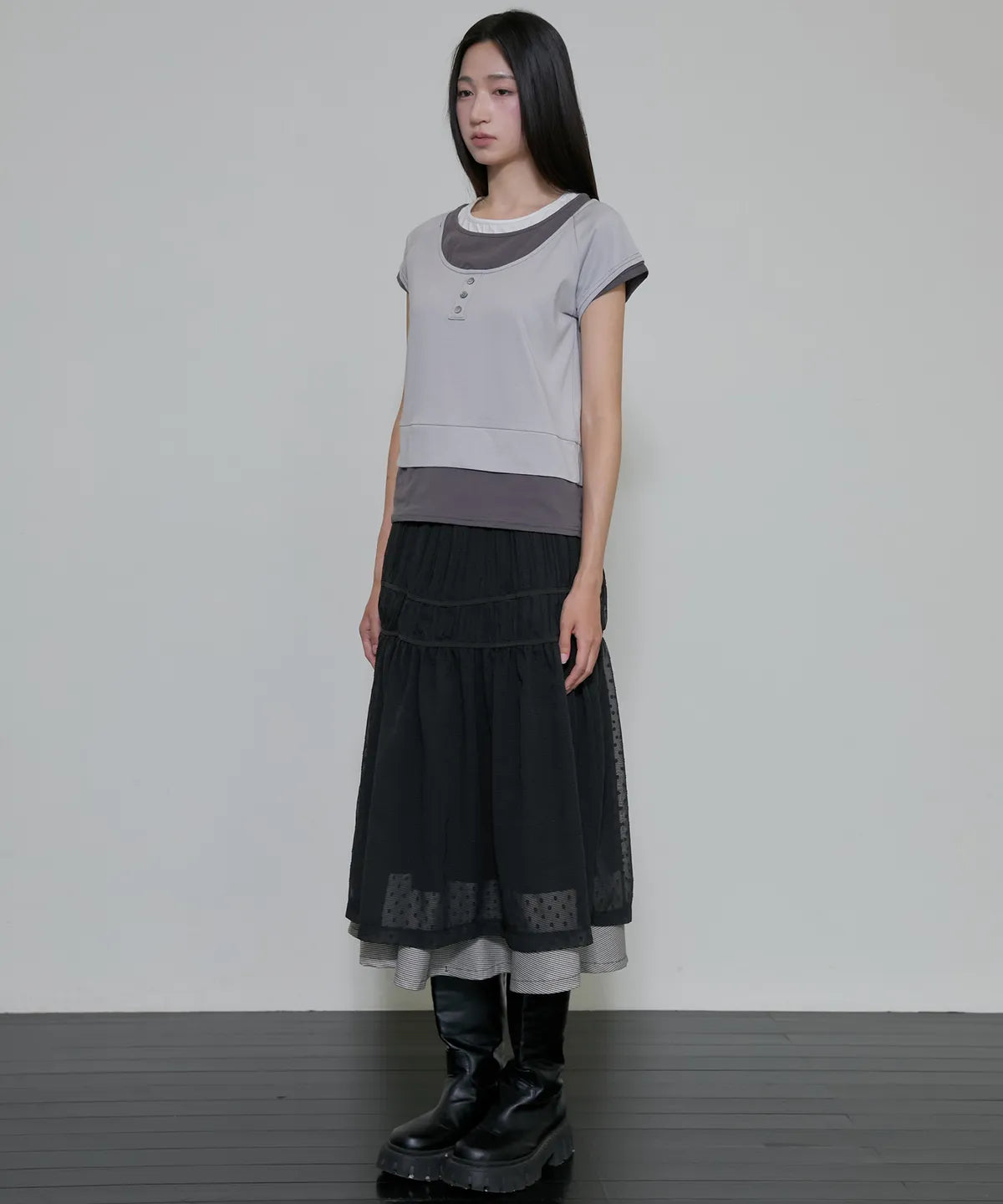 【Flare up】3-Layered Henley T-shirt [Black / Gray]