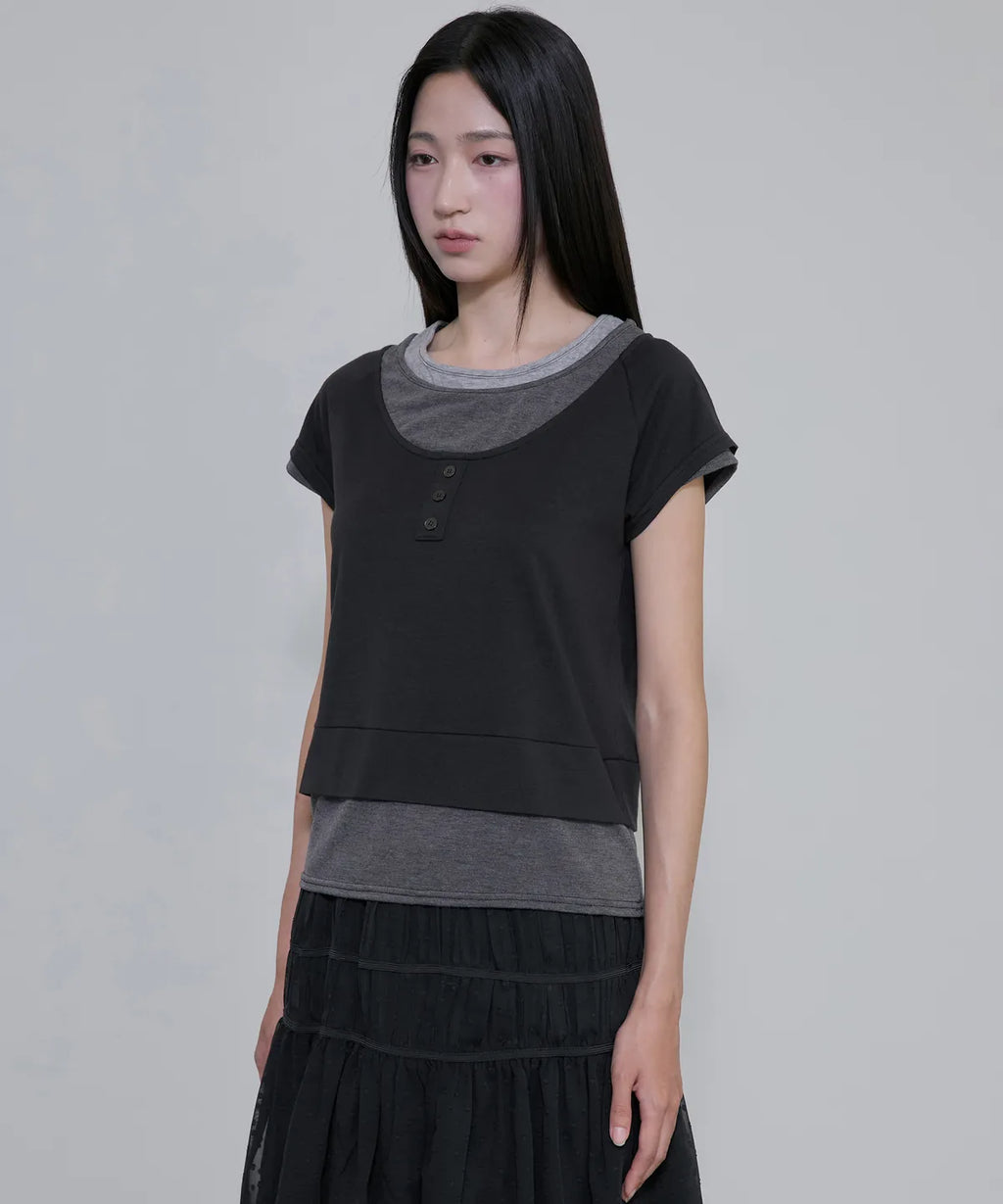 【Flare up】3-Layered Henley T-shirt [Black / Gray]