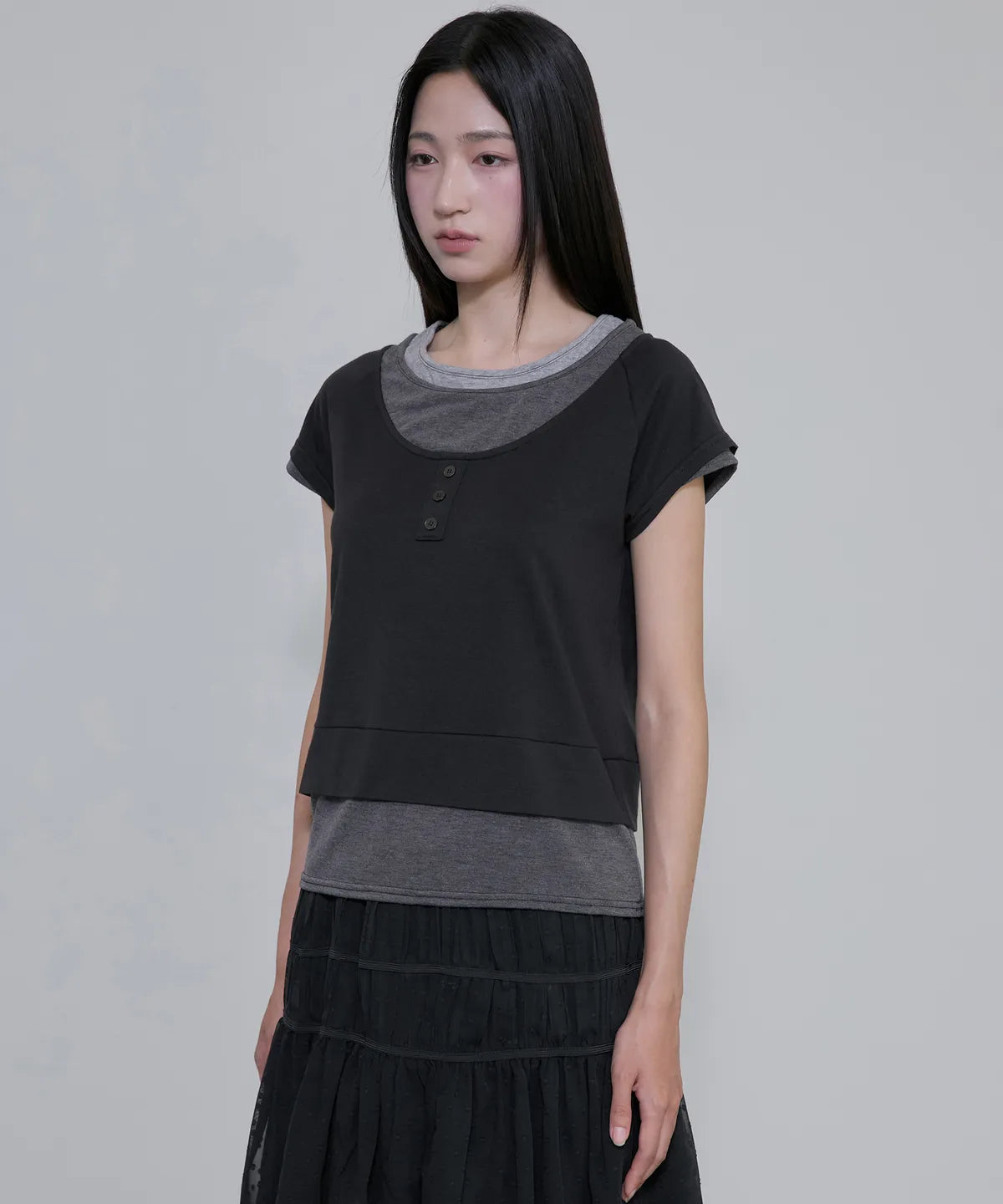 【Flare up】3-Layered Henley T-shirt [Black / Gray]