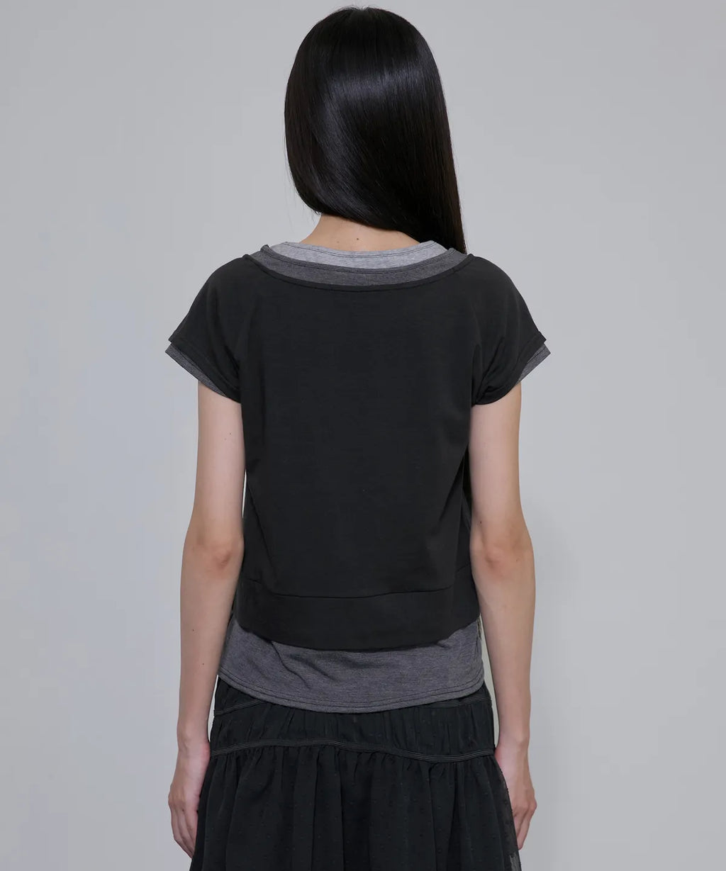 【Flare up】3-Layered Henley T-shirt [Black / Gray]