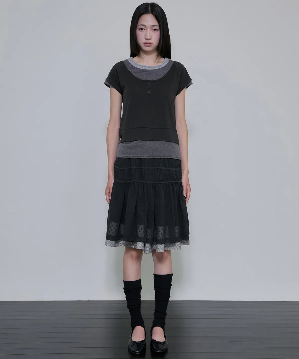【Flare up】3-Layered Henley T-shirt [Black / Gray]
