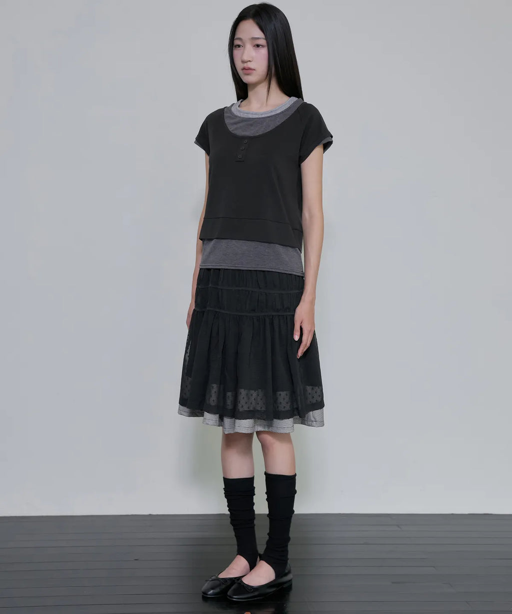 【Flare up】3-Layered Henley T-shirt [Black / Gray]